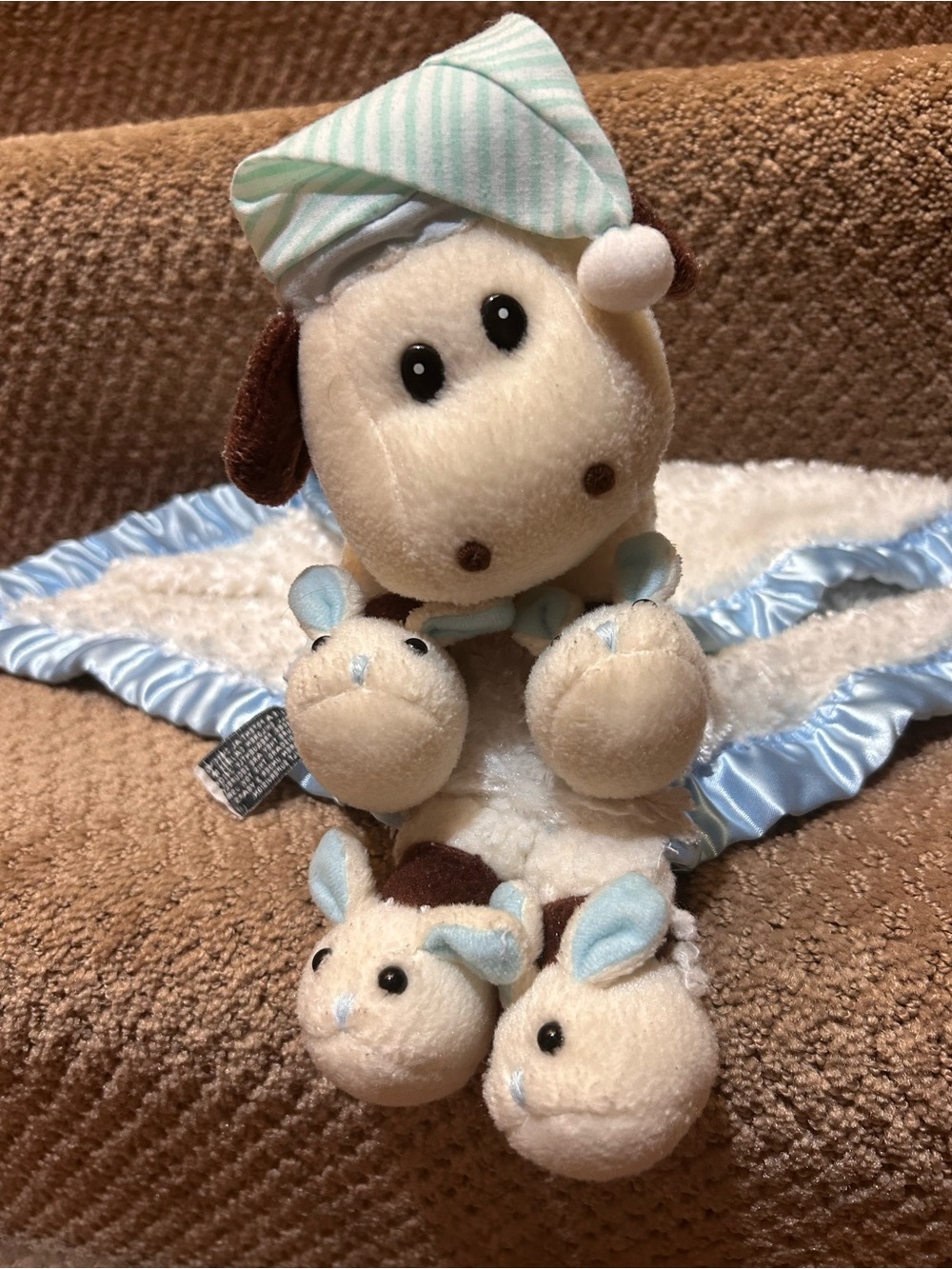 My Banky Aleigh White Bedtime Cow Blue Satin Trim Security Blanket 18” x 24”